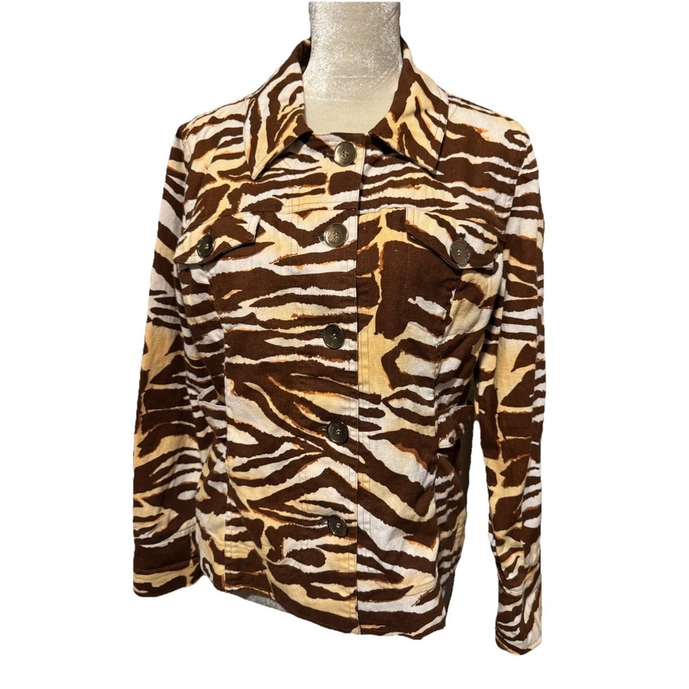 Just B‎ Women's Linen Cotton Denim Jacket Size Large Animal Print Blazer Jacket